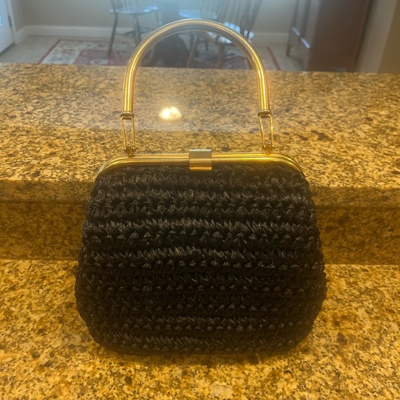 Vintage Handbags - Vintage 1960s Black Straw Leather Lined Handbag Purse Jana Made in Italy